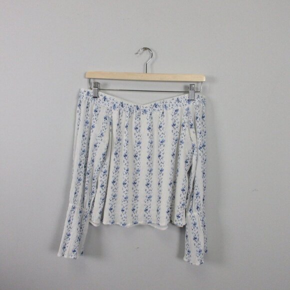 Club Monaco Plumina Blouse Women S White Blue Floral Off Shoulder Crinkled 138 - Picture 1 of 9